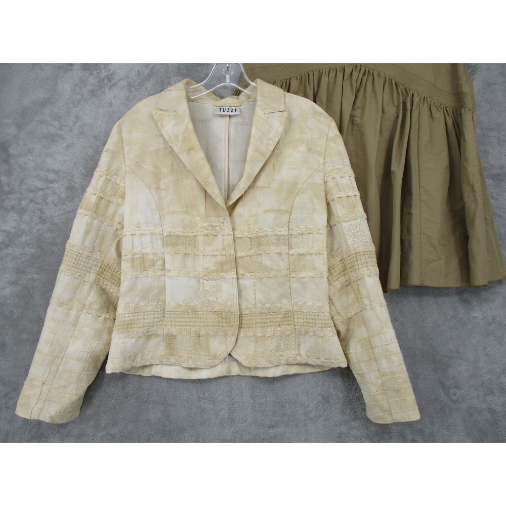 Tuzzi Skirt Suit 40 US 10 Linen Blend Textured Embroidered Office Artsy Jacket